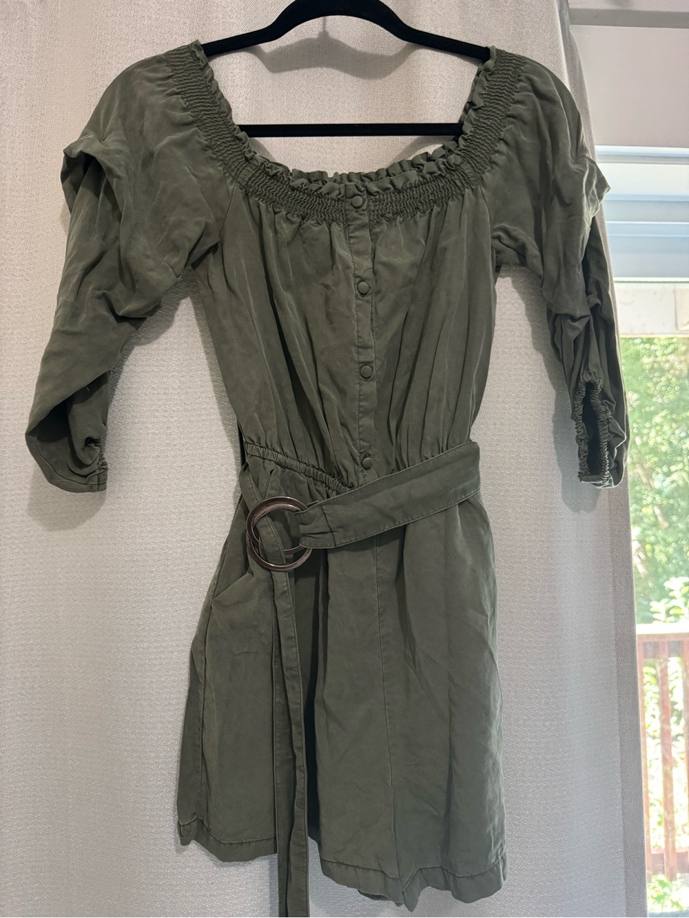 Zara Olive Green Off-Shoulder Belted Dress